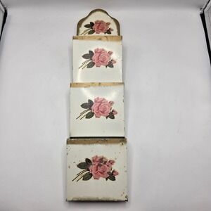 Vintage Metal Mail Sorter Letter Holder Cream Pink Rose Floral Shabby Chic Decor